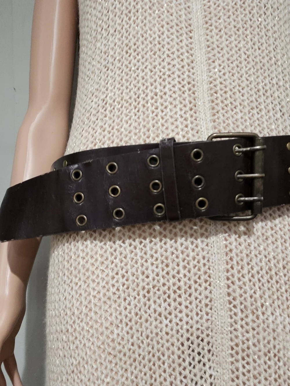 Vintage Wide Brown Leather Grommet Studded Belt Double Prong Waist Belt